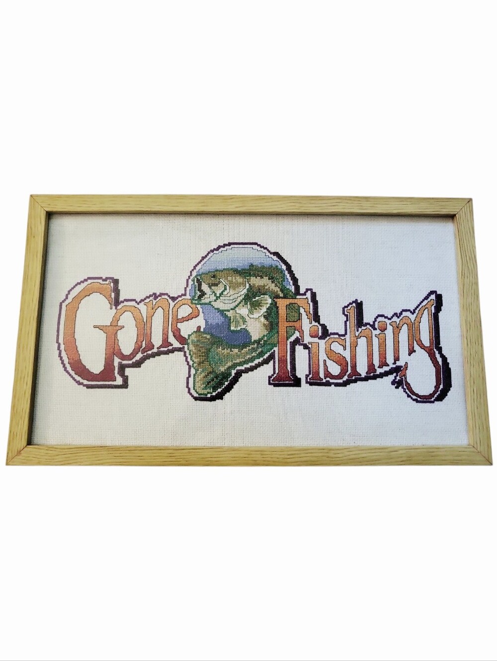 Vintage Cross Stitched Handmade Gone Fishing Framed Wall Hanging